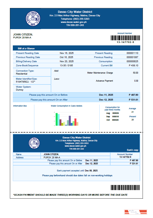 Philippines Davao City Water District utility bill template in Word and PDF formats